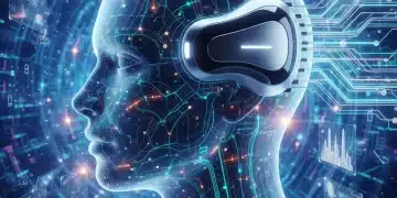 Futuristic human head with neural pathways connected to a sleek brain-computer interface device, symbolizing advanced neurotechnology.