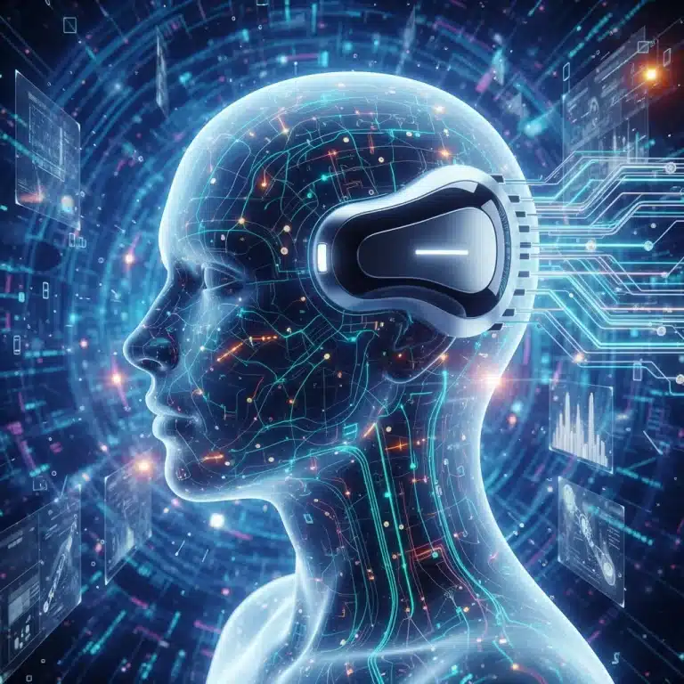 Futuristic human head with neural pathways connected to a sleek brain-computer interface device, symbolizing advanced neurotechnology.
