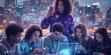 Gen Z individuals using digital devices, surrounded by network connections and cityscapes, representing their digital habits.