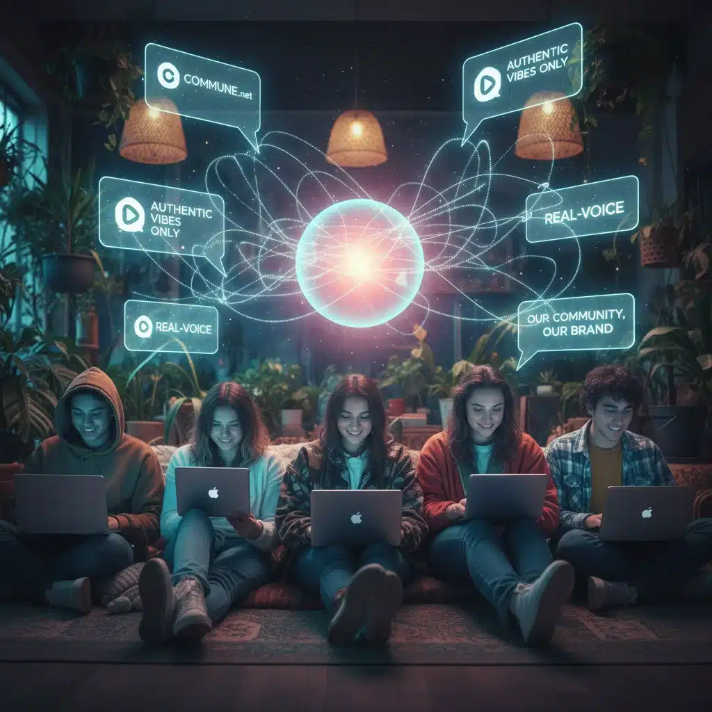 Gen Z engaging in online community interactions and brand communication, emphasizing authenticity.