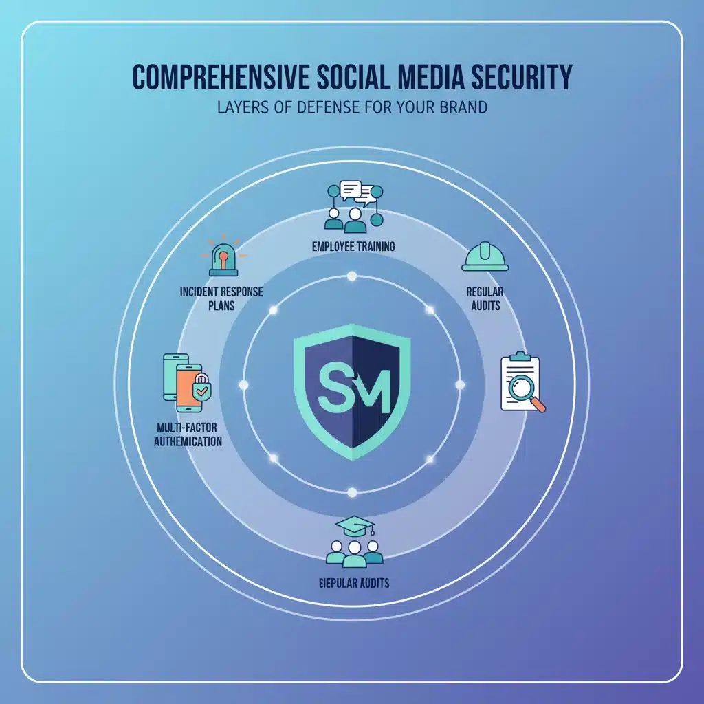 Infographic illustrating layered social media security defenses for brand protection
