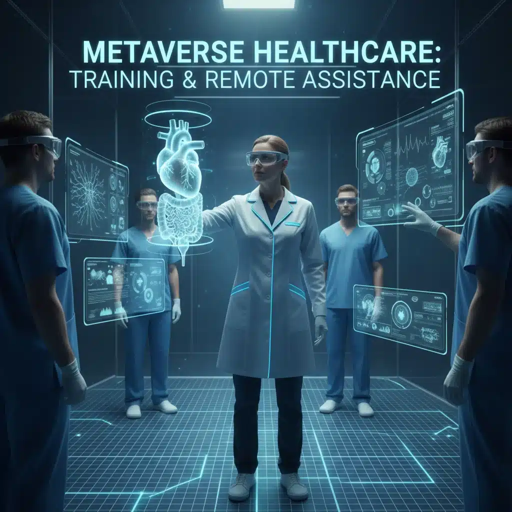 Medical professional in a virtual operating room, showcasing metaverse in healthcare training.