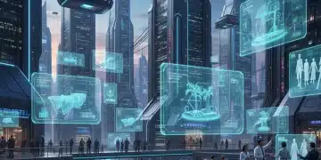 Futuristic cityscape with holographic interfaces representing metaverse industry integration.