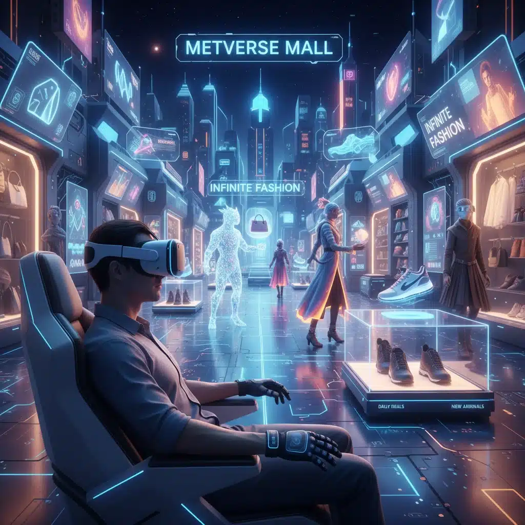 Avatars shopping in a virtual reality retail store, demonstrating metaverse retail.