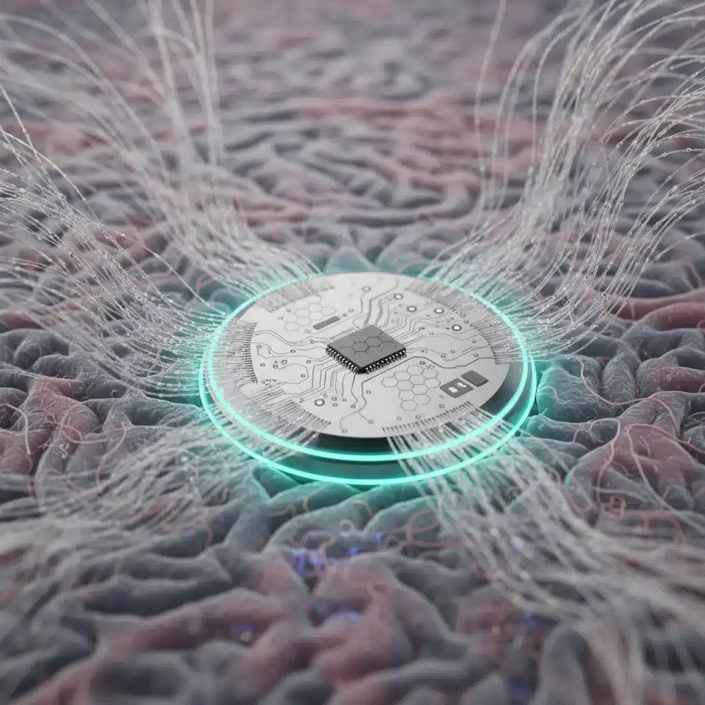 Detailed rendering of Neuralink's N1 implant, showcasing micro-threads and coin-sized device for brain-computer interface.