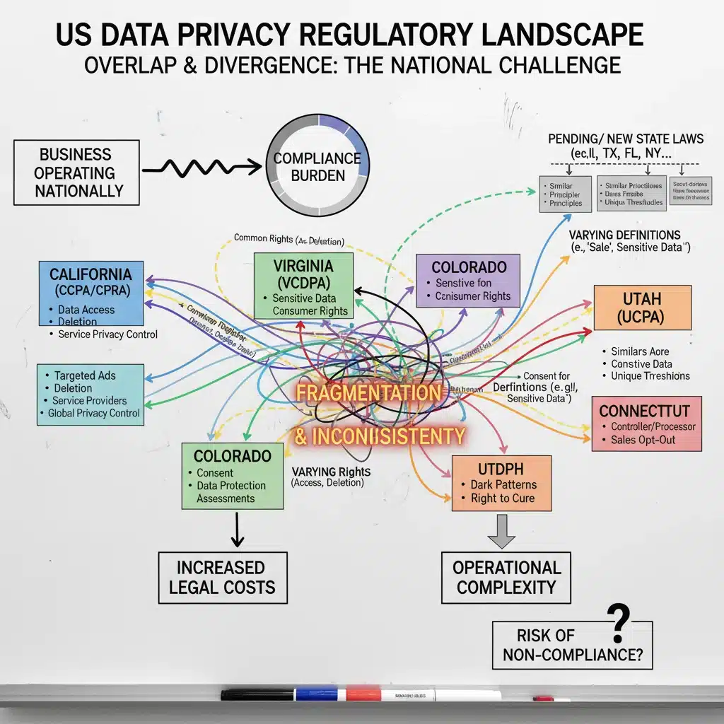 Flowchart showing interconnected US state data privacy laws and their compliance requirements.
