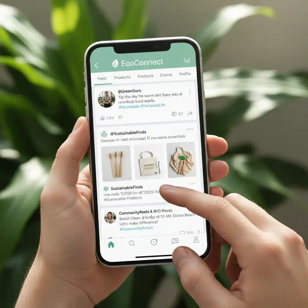 Smartphone displaying a niche social media app for sustainable living, showing community engagement and shared interests.