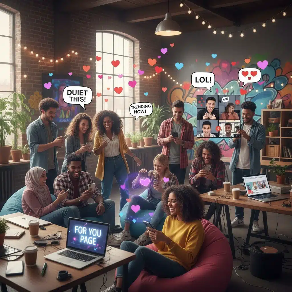 Group of young people creating and interacting with TikTok content