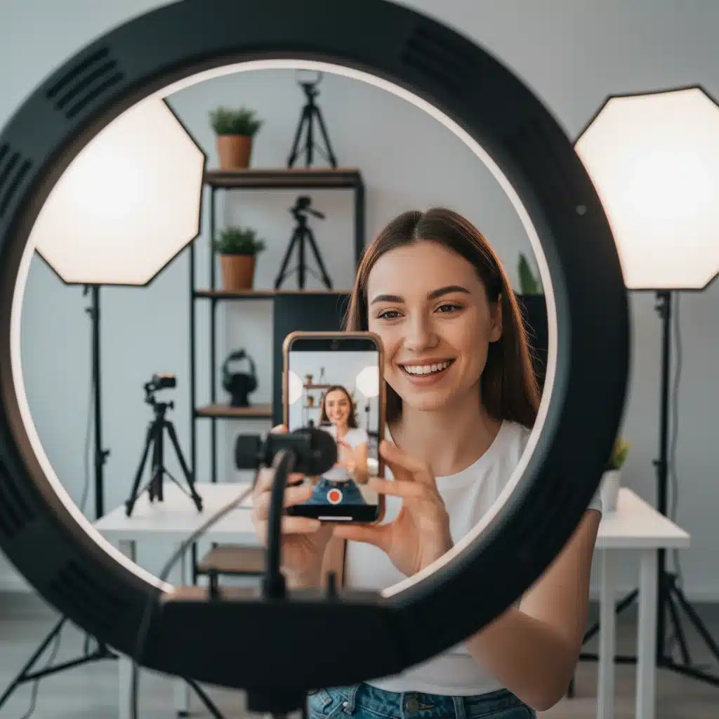 Content creator filming an engaging video with professional setup, showcasing authentic content creation.