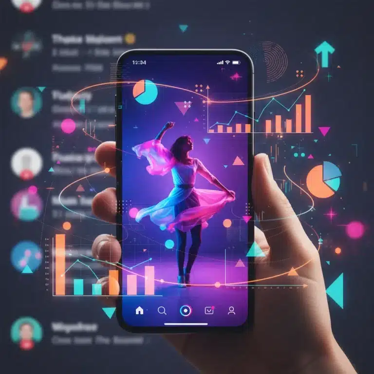 Smartphone displaying TikTok video with data analytics overlay