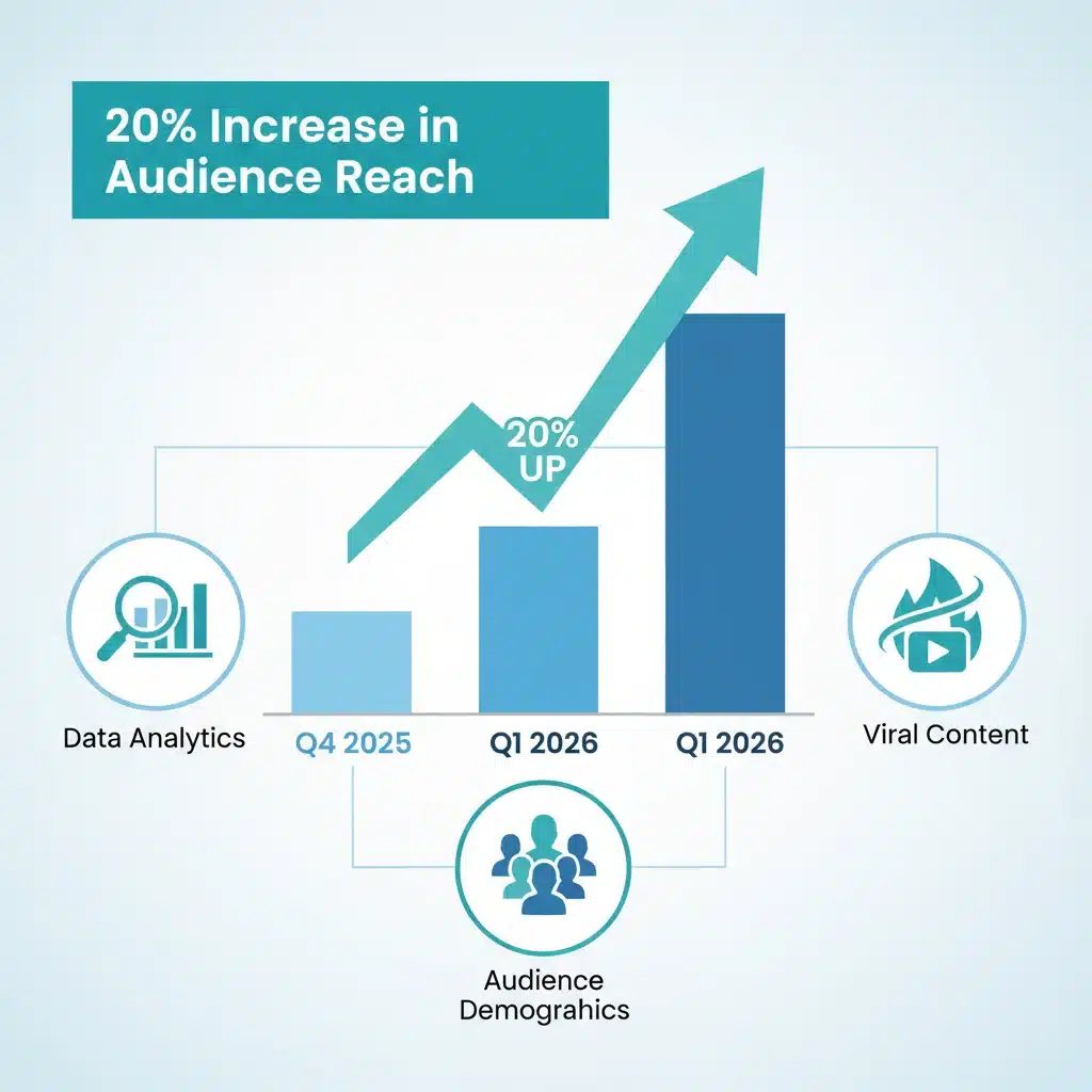Infographic showing a 20% increase in TikTok reach for Q1 2026, with data analytics icons.