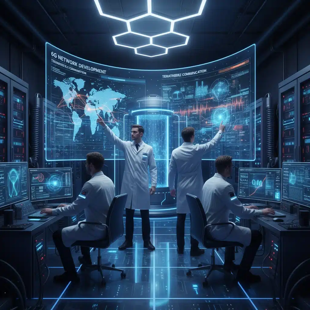 Researchers analyzing data in a laboratory, focusing on advanced wireless communication technologies.