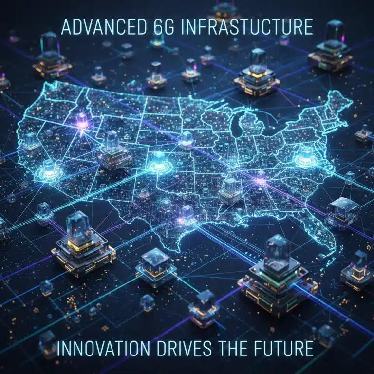 Futuristic network infrastructure overlaying a map of the US, representing advanced 6G research and development.