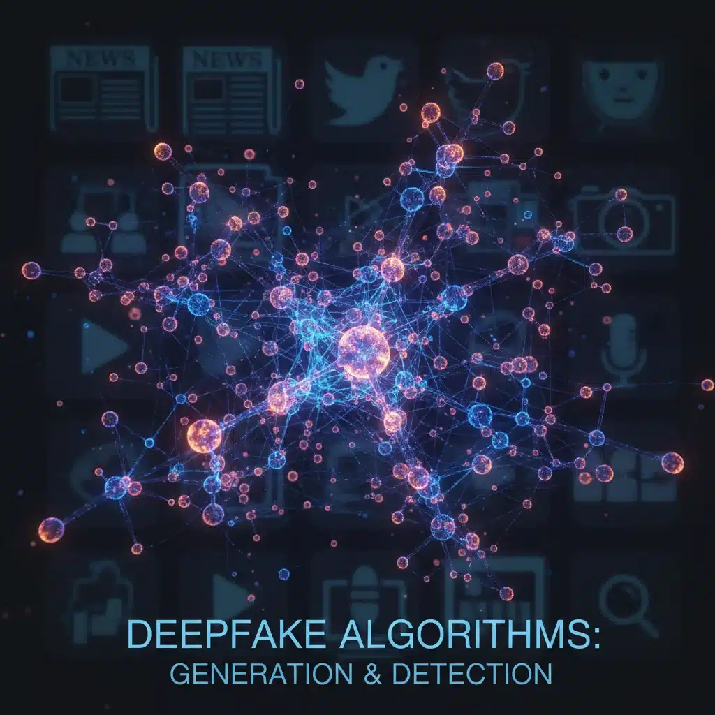 Intricate neural network illustrating AI algorithms behind deepfake generation and detection, with digital media icons.