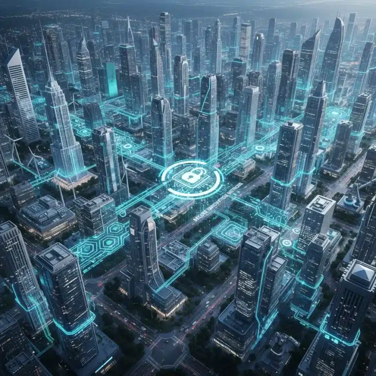 Futuristic city with blockchain connections for business innovation