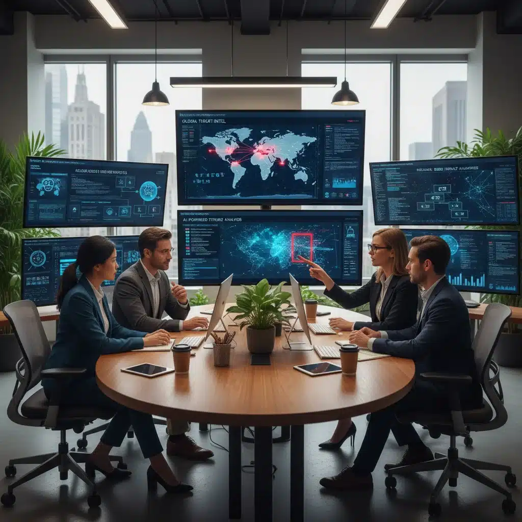 Cybersecurity team collaborating on threat intelligence with AI tools