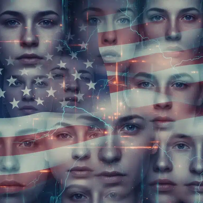 Digital collage representing deepfakes influencing American public perception in 2026, with distorted faces and national symbols.