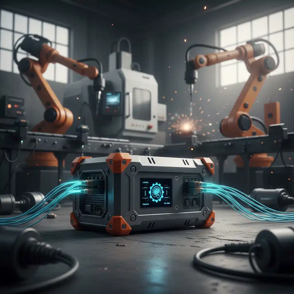 Ruggedized Edge AI device on a factory floor processing real-time data locally.