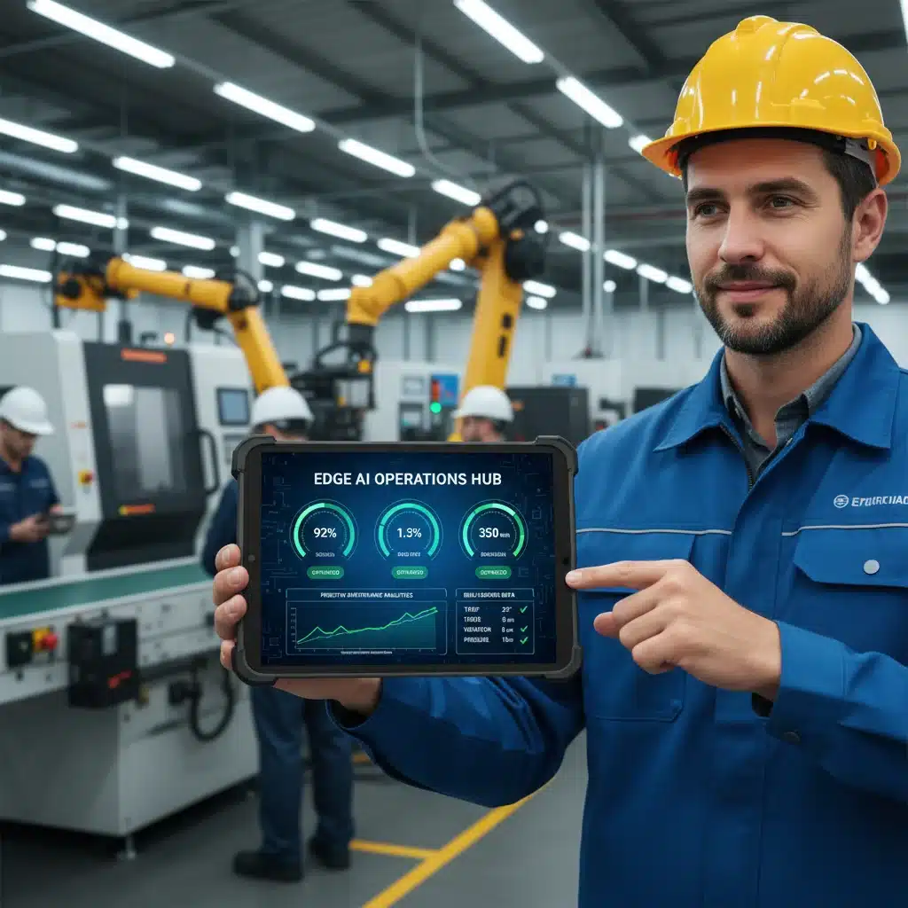 Factory manager reviewing Edge AI powered real-time operational dashboard on a tablet.