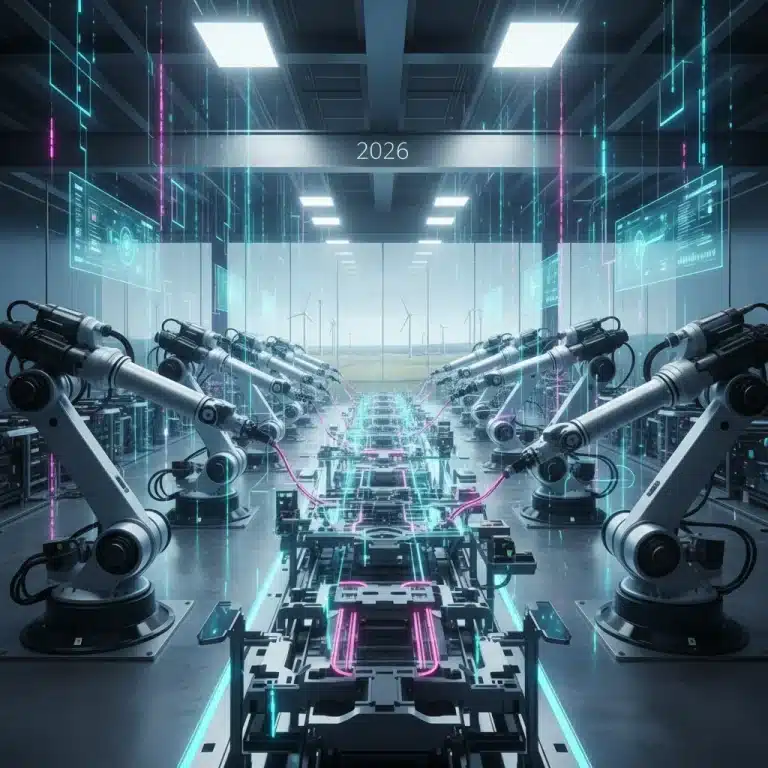Futuristic US manufacturing plant leveraging Edge AI for enhanced efficiency in 2026.