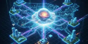 Edge Computing US: Optimize Data Processing 25% by 2026 Edge computing network spanning US, connecting cloud to smart devices and industries.