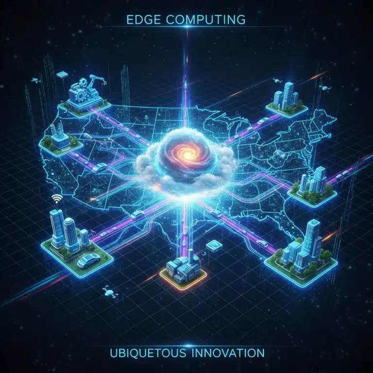 Edge computing network spanning US, connecting cloud to smart devices and industries.