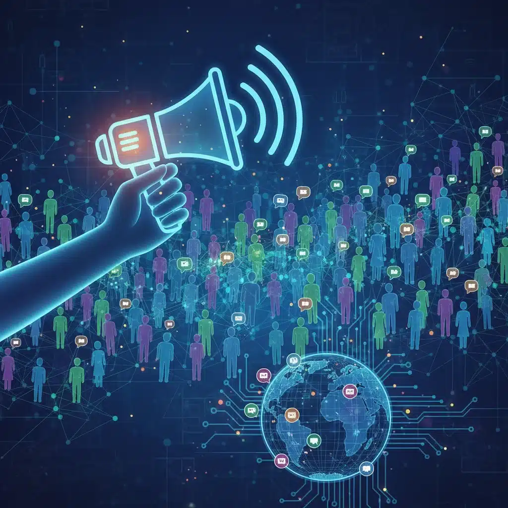 Hand holding megaphone, symbolizing effective communication in online community.