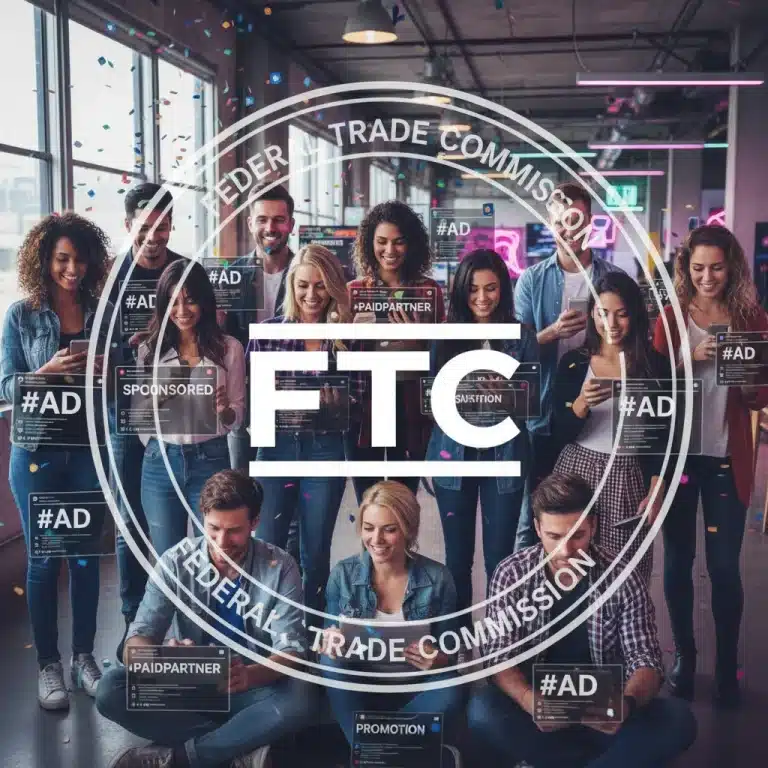 Influencers displaying clear disclosure labels on social media with FTC logo