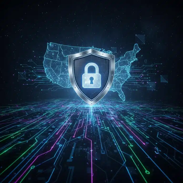 Futuristic cybersecurity network shield protecting US data