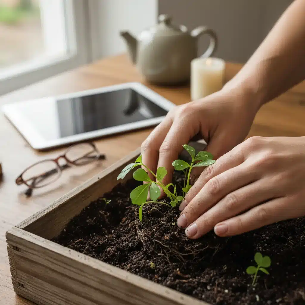 Hands gardening, mindful analog activity, nature connection