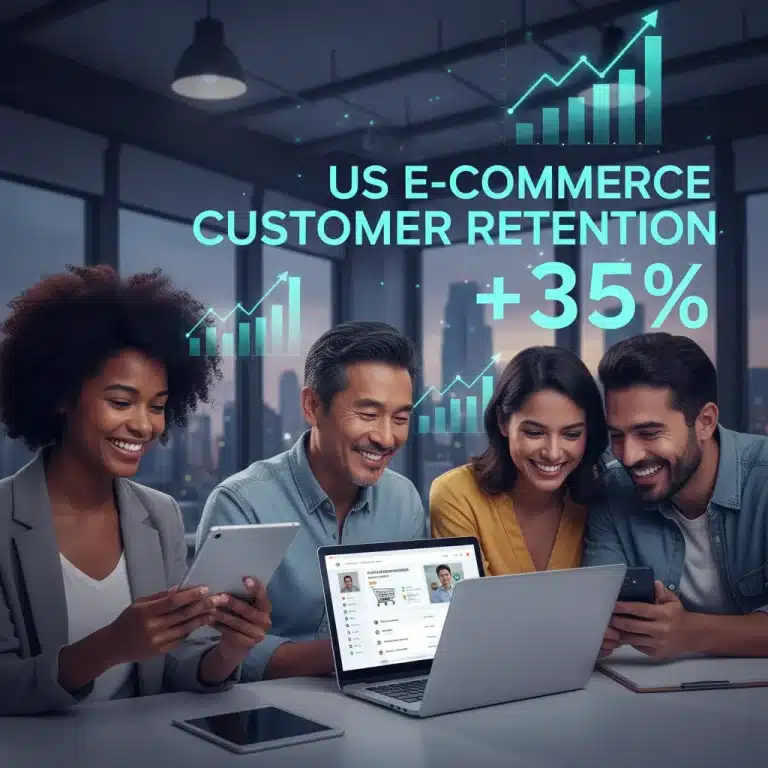 Diverse customers enjoying personalized e-commerce experiences, symbolizing increased retention