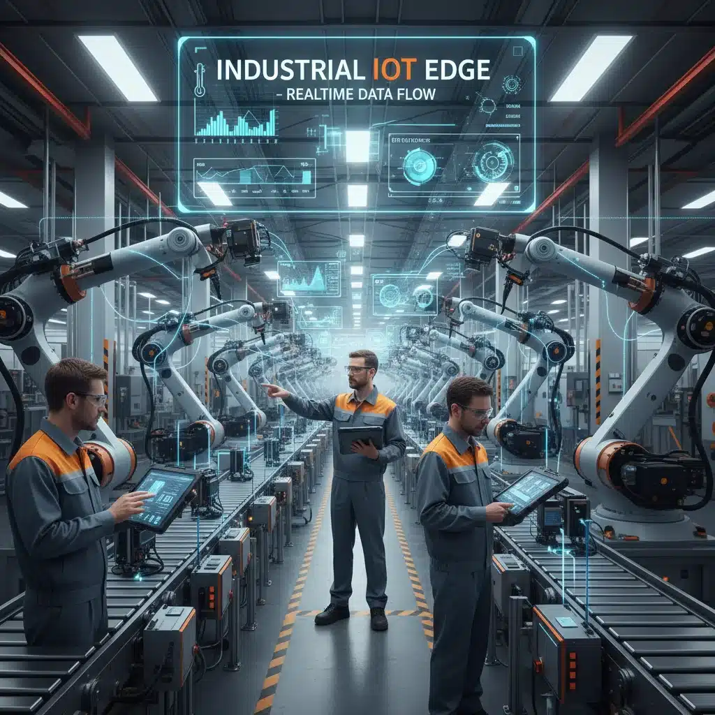Industrial IoT sensors and automated machinery collecting data on a factory floor.