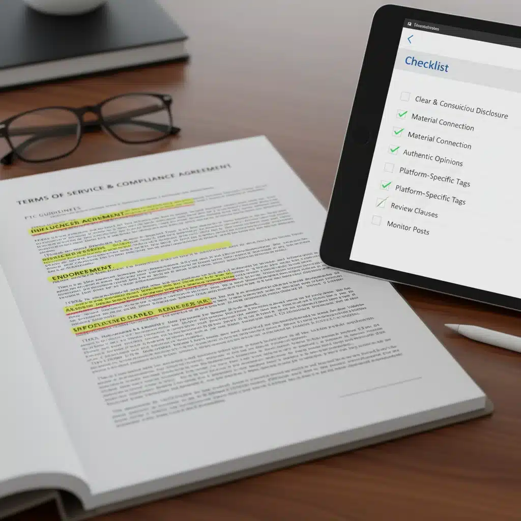 Legal document and digital checklist for influencer compliance