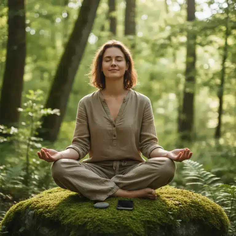 Person meditating outdoors, smartphone off, symbolizing digital detox