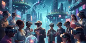 Diverse individuals engaging in a vibrant metaverse environment, showcasing cultural integration and technological adoption.