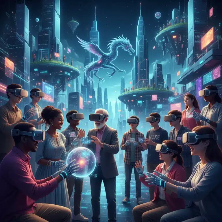 Diverse individuals engaging in a vibrant metaverse environment, showcasing cultural integration and technological adoption.