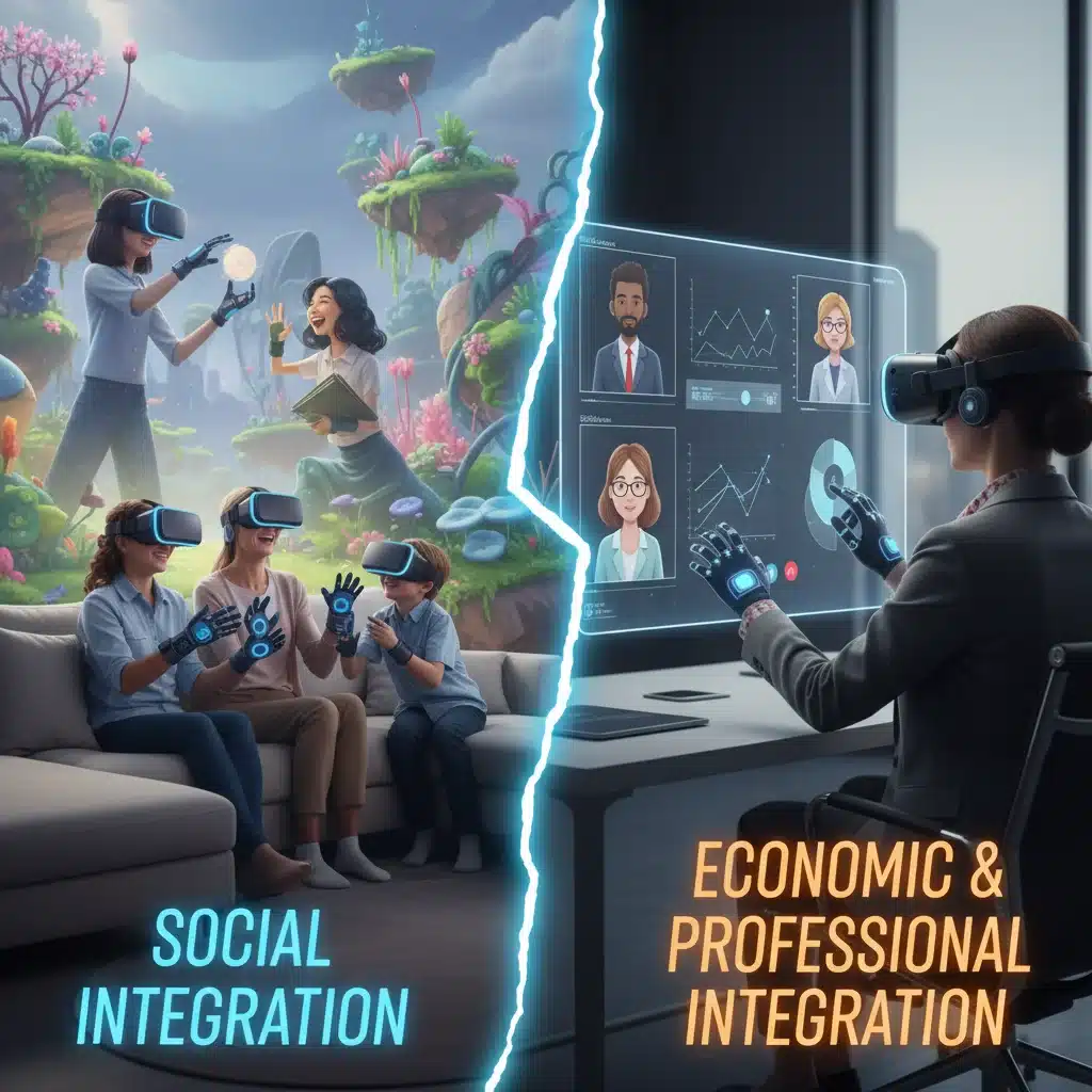 Family and professionals engaging in social and economic activities within the metaverse.