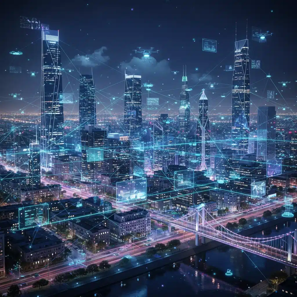 Smart city infrastructure demonstrating pervasive 6G connectivity and its impact on urban living.