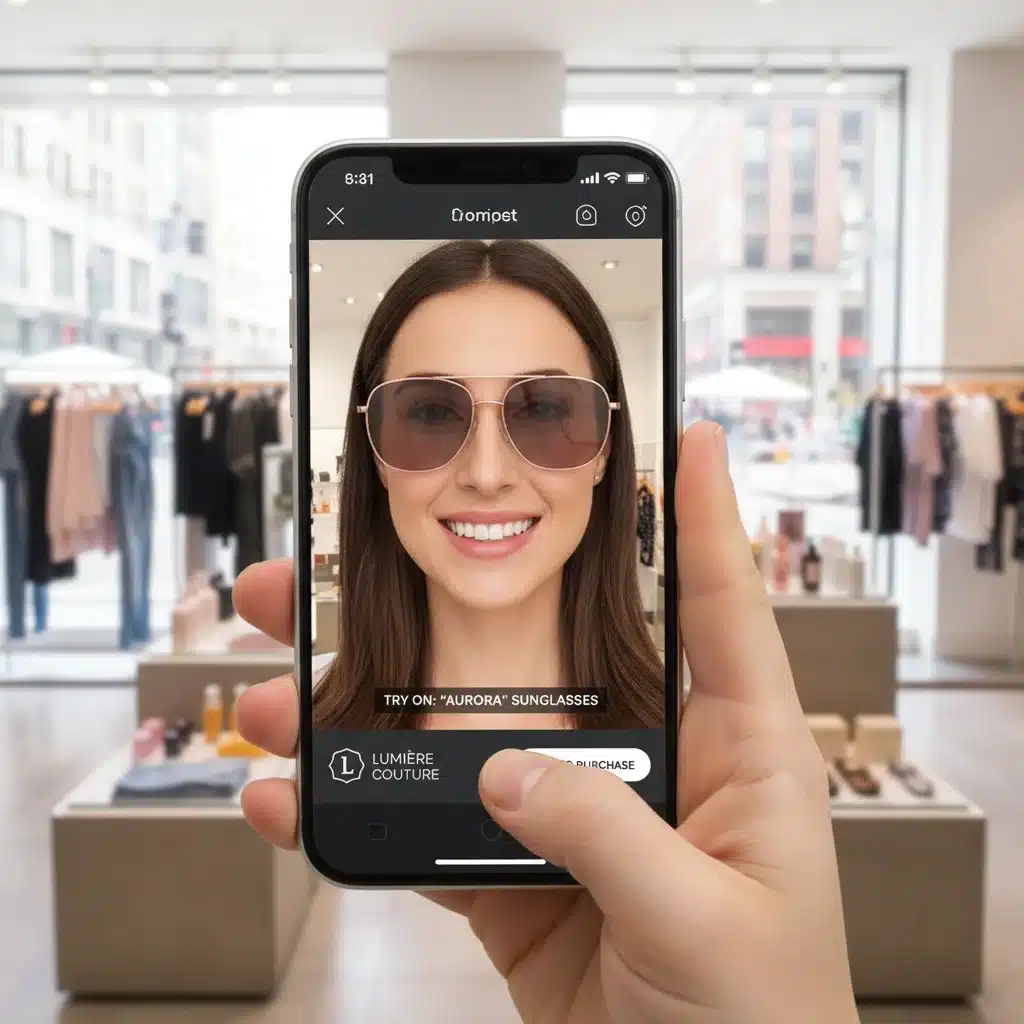 User trying on virtual product using Snapchat AR filter in a retail setting.