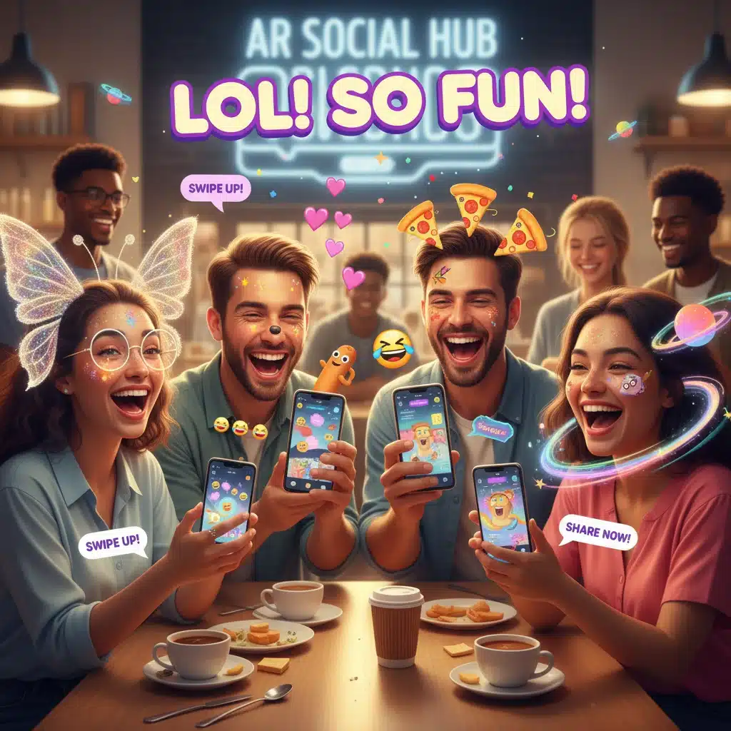 Group of friends enjoying a shareable Snapchat AR filter, showcasing social engagement.