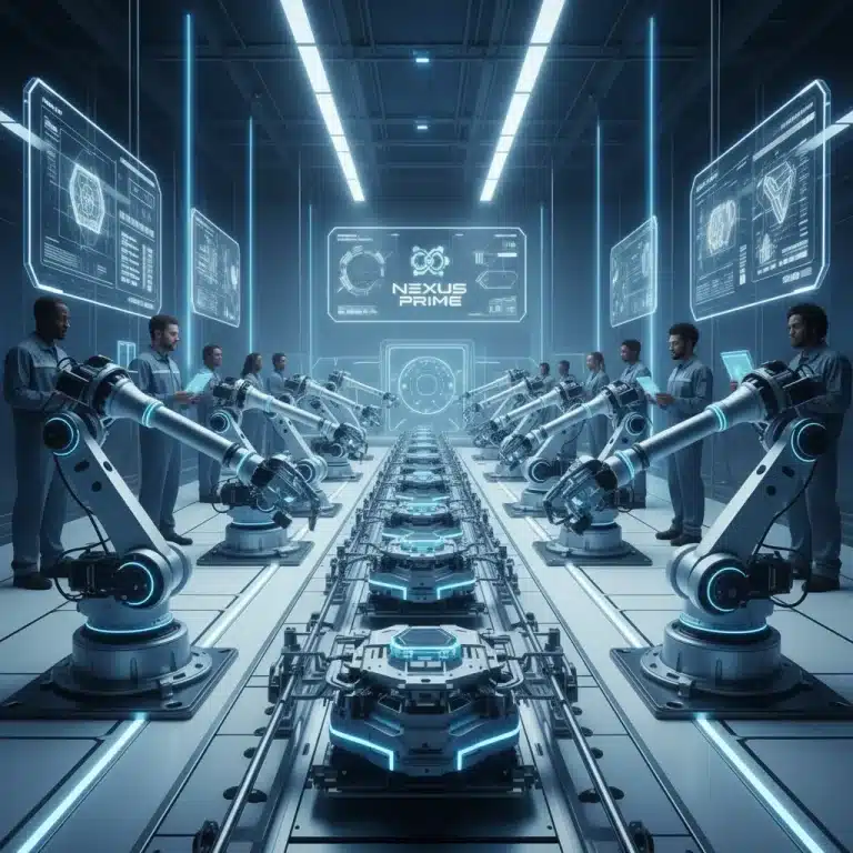Advanced robotic arms working on an assembly line in a modern US factory.