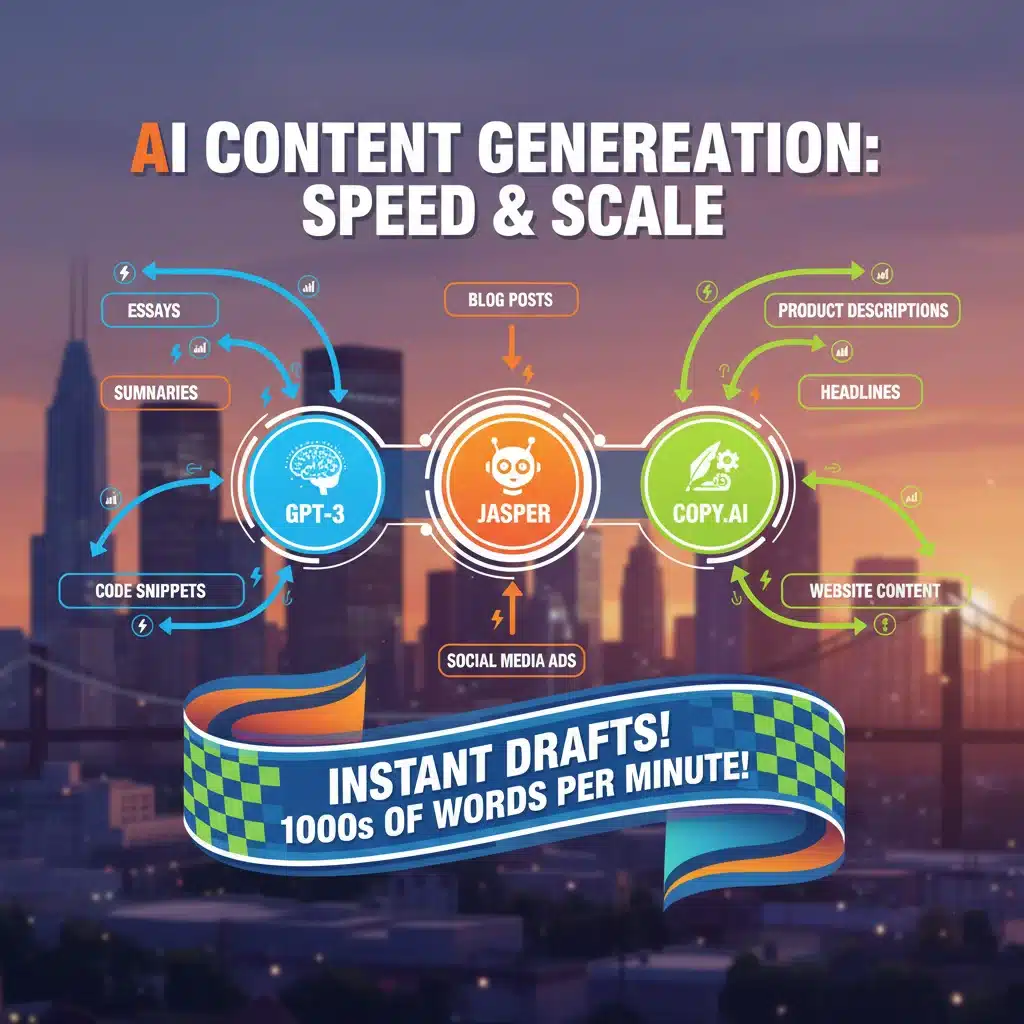 Infographic of AI content creation tools and their applications