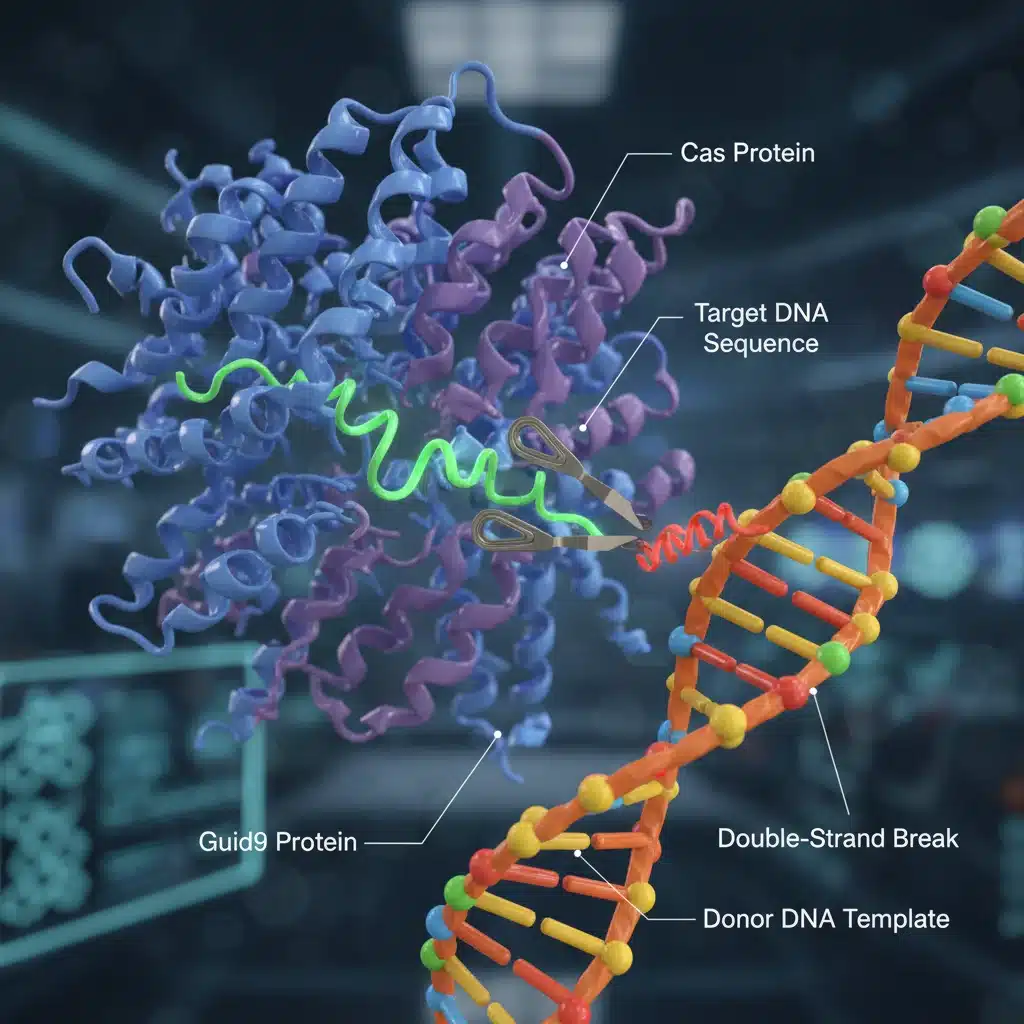 CRISPR-Cas9 gene editing tool interacting with DNA, representing precise genetic modification.