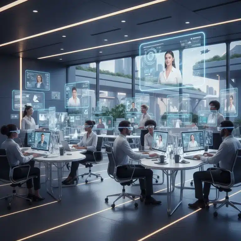 Professionals collaborating remotely with futuristic digital tools