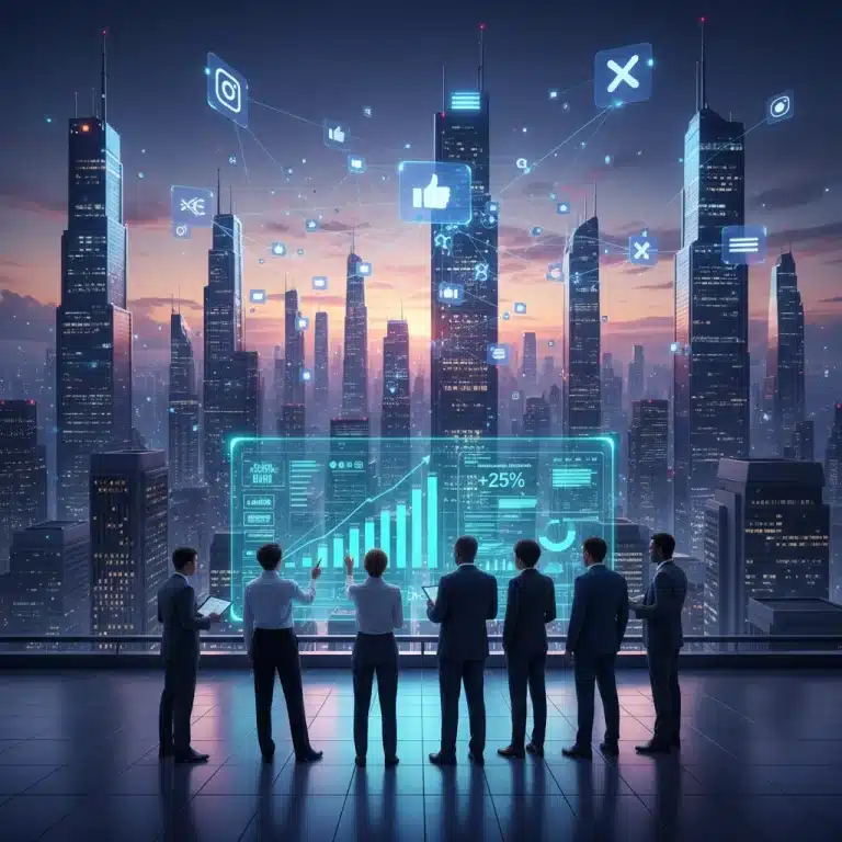 Futuristic social media landscape with marketers strategizing for 2026 growth