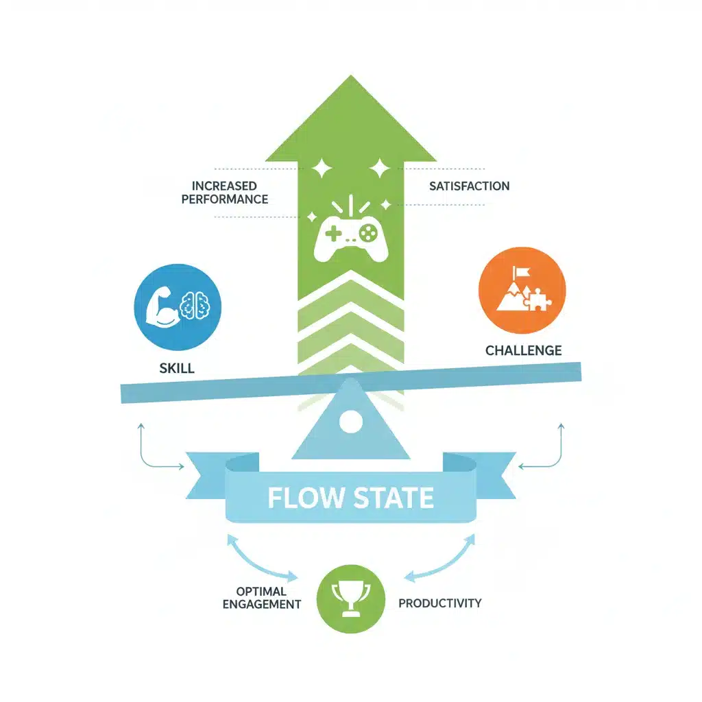 Infographic demonstrating the concept of 'flow state' in gamification for optimal employee engagement.