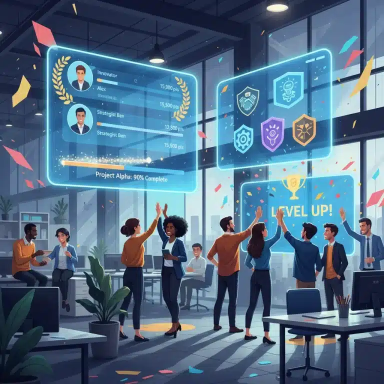 Gamified workplace environment with employees engaging in interactive digital tasks and celebrating achievements.