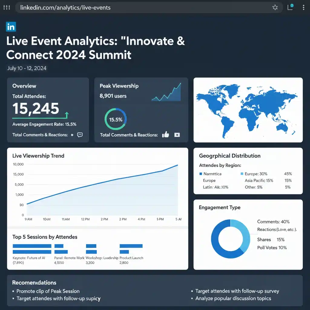 LinkedIn Live event analytics dashboard showing key performance metrics.
