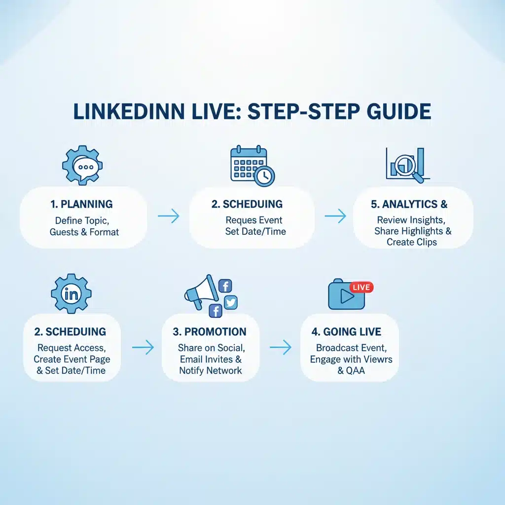 Infographic showing LinkedIn Live event setup and promotion steps.