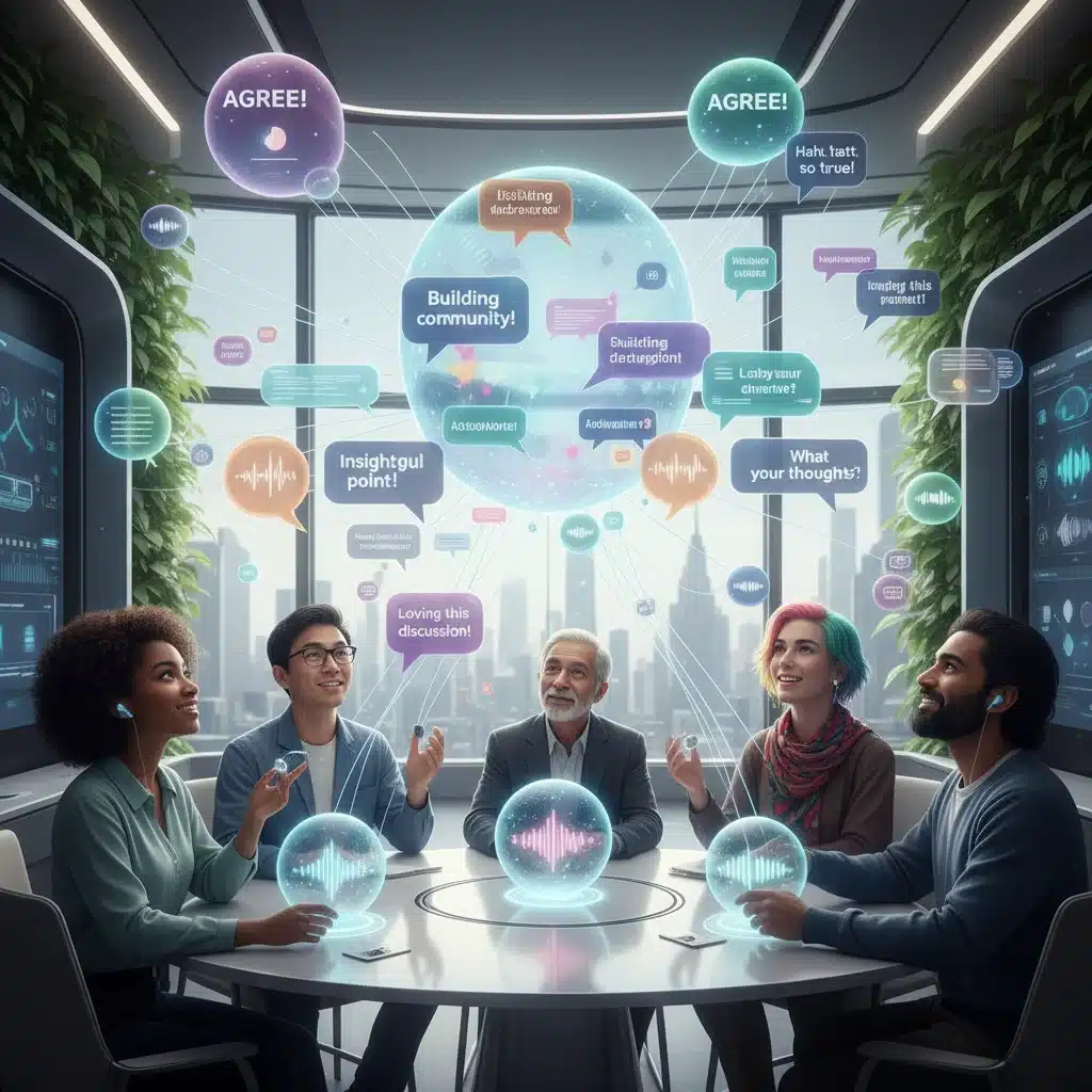 Diverse individuals participating in a virtual live audio discussion, showing interactive holographic interfaces and speech bubbles.